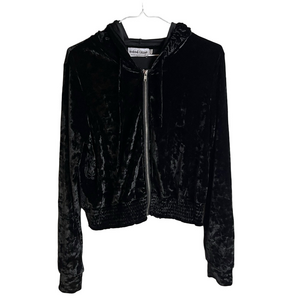 Black Velour Zip Crop Hoodie XL Y2K 90s Streetwear Whimsigoth Goth Witchy Dark